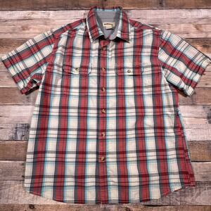 RuffHewn Mens Plaid Short Sleeve Button Down Shirt Red Blue White Cotton Large‎
